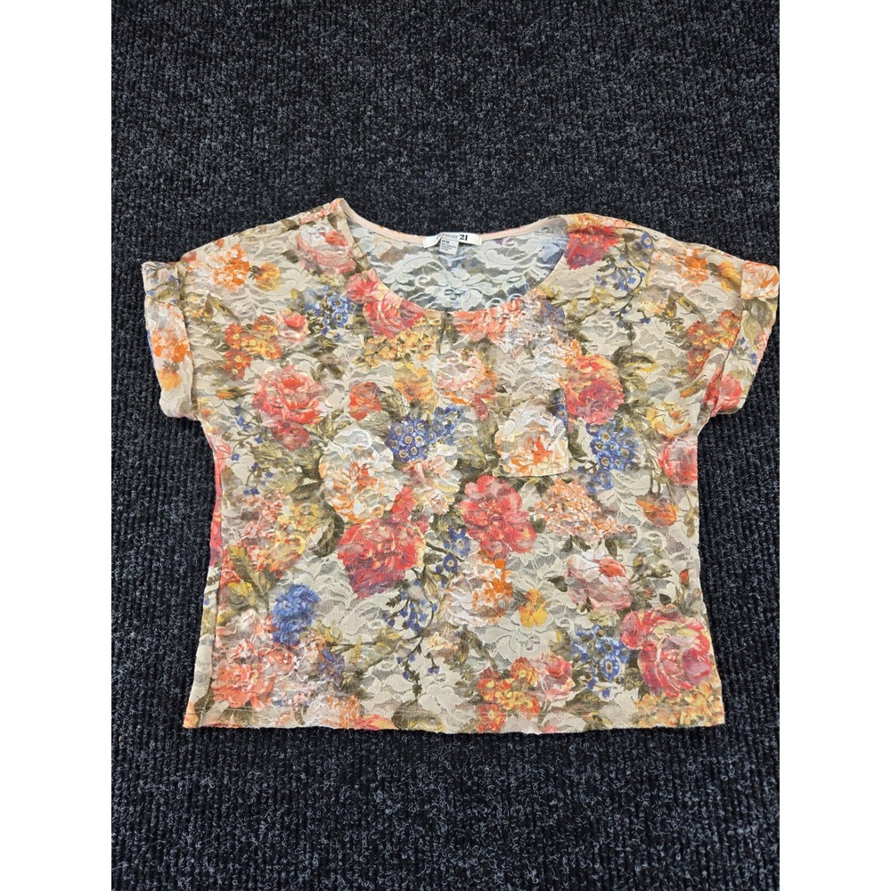 Forever 21 Womens Floral Lace Sheer Top Short Sleeve Scoop Neck‎ Pocket M 2034